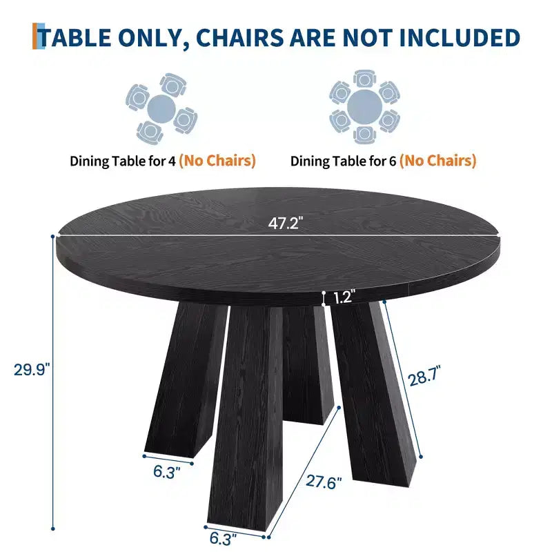 47-Inch Round Dining Table for 4 to 6 People, MDF Top with 4-Leg Base, for Kitchen and Dining Room