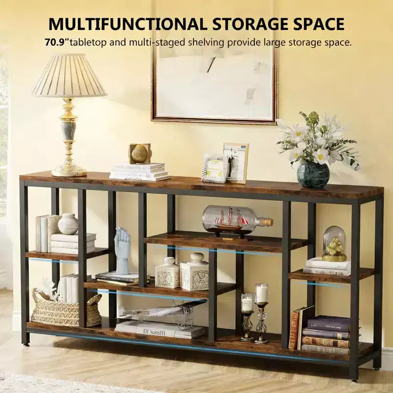 Rustic Industrial Console Table with Multi-Shelf Storage for Living Room Entryway
