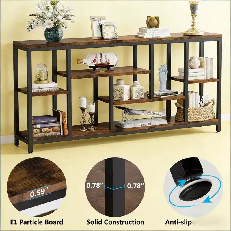 Rustic Industrial Console Table with Multi-Shelf Storage for Living Room Entryway