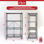 Étagère de rangement pliable polyvalente à 4 niveaux sur roulettes avec ensemble de 4 doublures de tablette en fil magnétique étanches