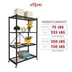Étagère de rangement pliable polyvalente à 4 niveaux sur roulettes avec ensemble de 4 doublures de tablette en fil magnétique étanches