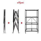 Étagère de rangement pliable polyvalente à 4 niveaux sur roulettes avec ensemble de 4 doublures de tablette en fil magnétique étanches