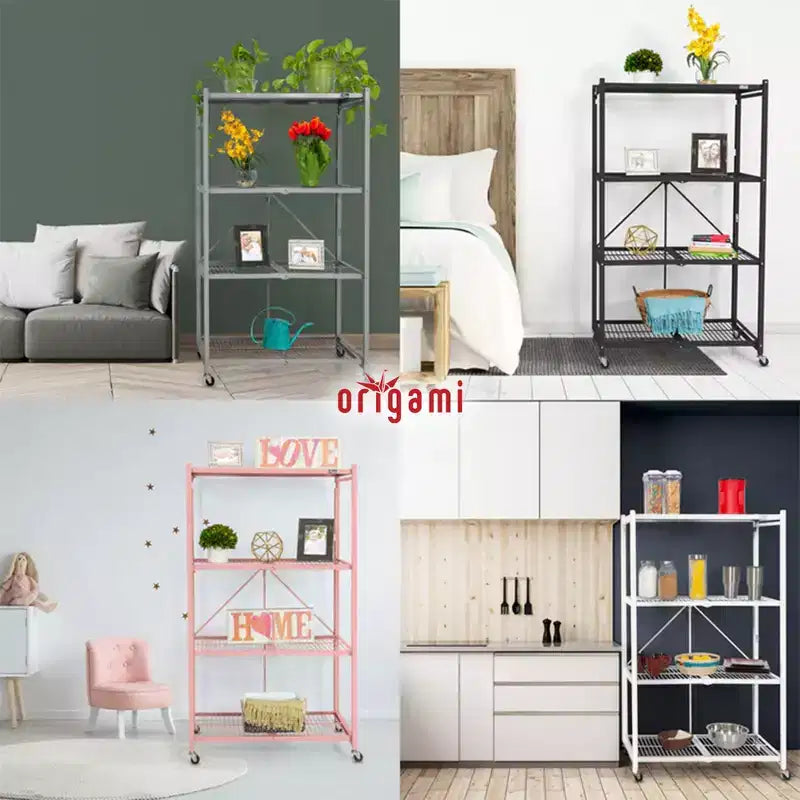 4 Tier Multipurpose Folding Storage Unit Rolling Organization Rack with Set of 4 Magnetic Wire Shelf Waterproof Liners