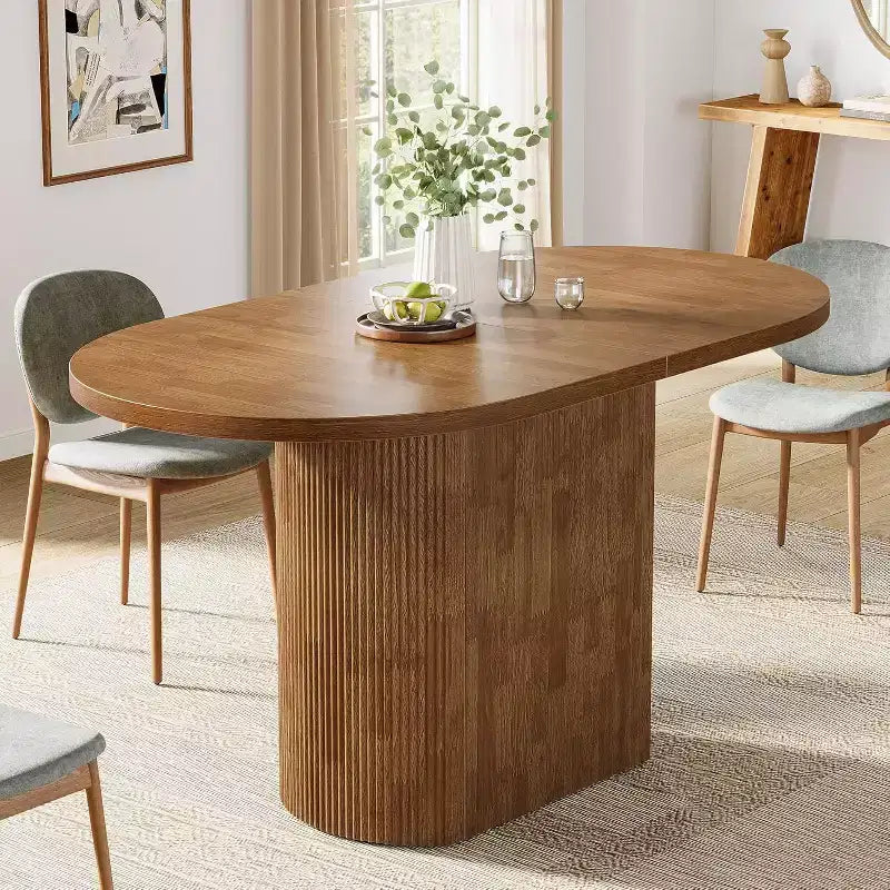 47.24 Inch Oval Dining Table, Rustic Wooden with Wooden Base, Seats 4, for Dining Room, Kitchen, Living Room, Brown