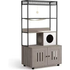 Meuble cache litière pour chat avec couchage et accessoires à gratter