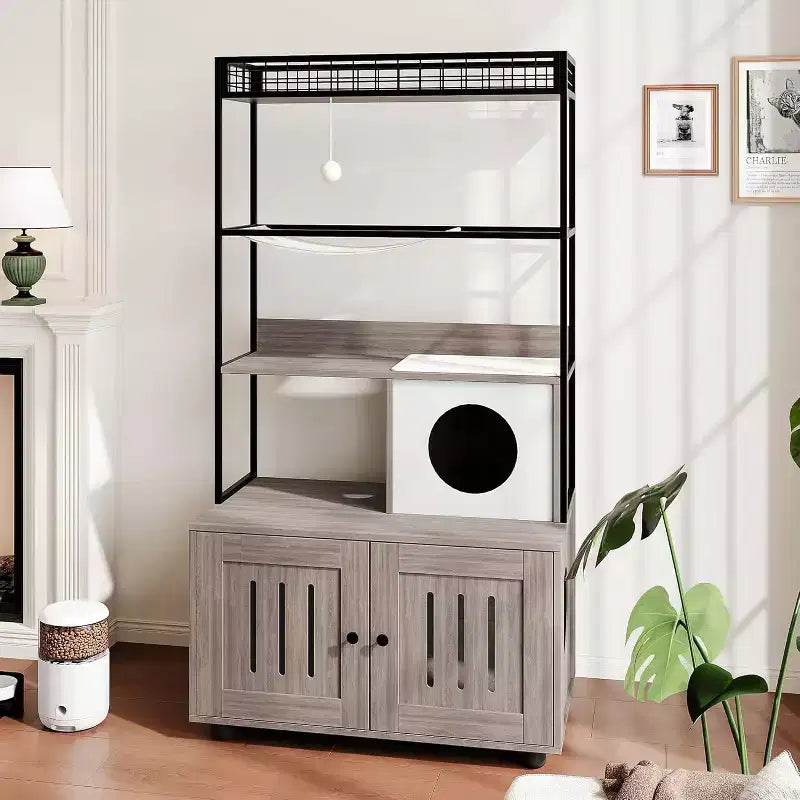 Cat Litter Box Enclosure Cabinet with Cat Bed and Scratching Accessories