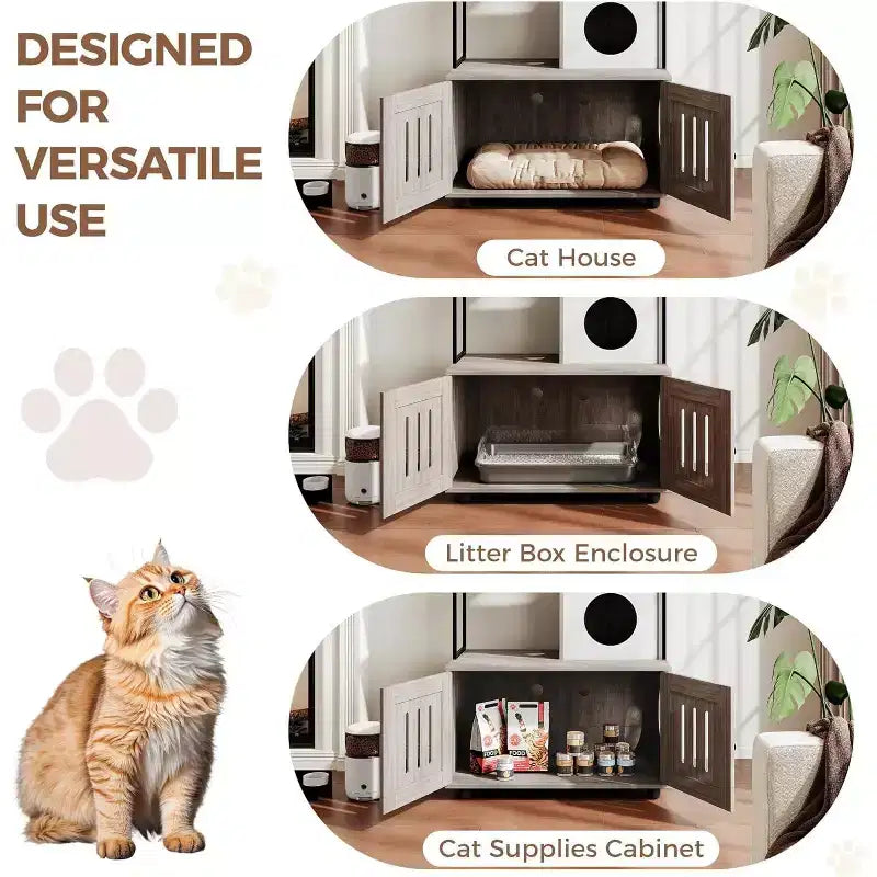 Cat Litter Box Enclosure Cabinet with Cat Bed and Scratching Accessories