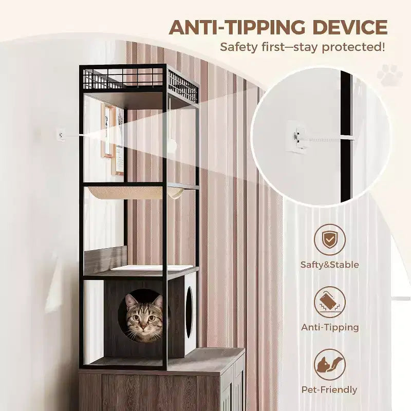 Cat Litter Box Enclosure Cabinet with Cat Bed and Scratching Accessories