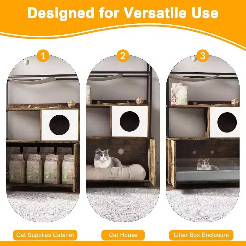 Cat Litter Box Enclosure Cabinet with Cat Bed and Scratching Accessories