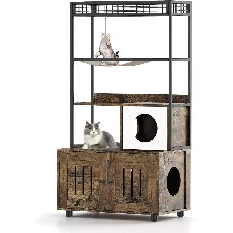 Cat Litter Box Enclosure Cabinet with Cat Bed and Scratching Accessories