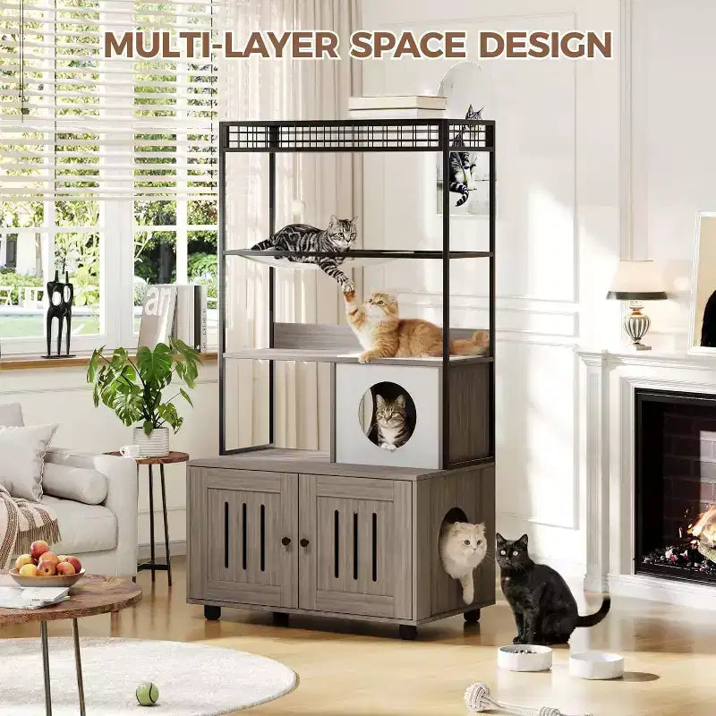 Cat Litter Box Enclosure Cabinet with Cat Bed and Scratching Accessories