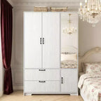 JVNOXK 4 Doors White Wardrobe Closet with Mirror, LED Lights, 2 Drawers, Hanging Rod & Adjustable Shelves, Wooden Bedroom Storage Cabinet