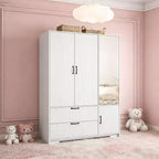 Armoire 4 portes avec miroir, lumières LED, 2 tiroirs, tringle et étagères réglables