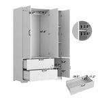 Armoire 4 portes avec miroir, lumières LED, 2 tiroirs, tringle et étagères réglables