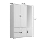 Armoire 4 portes avec miroir, lumières LED, 2 tiroirs, tringle et étagères réglables
