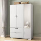 Armoire 4 portes avec miroir, lumières LED, 2 tiroirs, tringle et étagères réglables