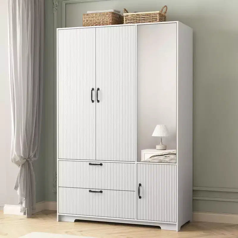 4-Door Wardrobe Closet with Mirror, LED Lights, 2 Drawers, Hanging Rod & Adjustable Shelves