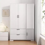Armoire 4 portes avec miroir, lumières LED, 2 tiroirs, tringle et étagères réglables
