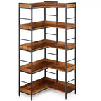 65 Tall Corner Bookshelf, 5-Tier Reversible Industrial Bookcase with 4 Hooks, Open Wooden Display Shelf with Metal Frame for Bedroom, Office