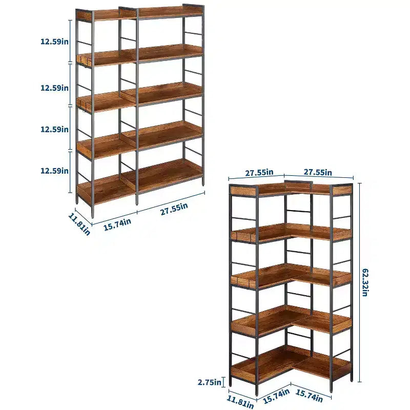 65 Inch Tall Corner Bookshelf - 5-Tier Open Display Shelf with Metal Frame