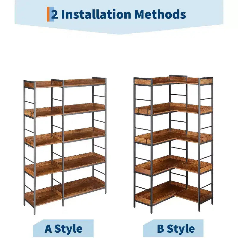 65 Inch Tall Corner Bookshelf - 5-Tier Open Display Shelf with Metal Frame