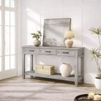 Farmhouse Console Table with 3 Drawers & Open Storage Shelf  2-Tier Wooden Sofa Table  Ideal for Entryway, Living Room, Hallway or Foyer