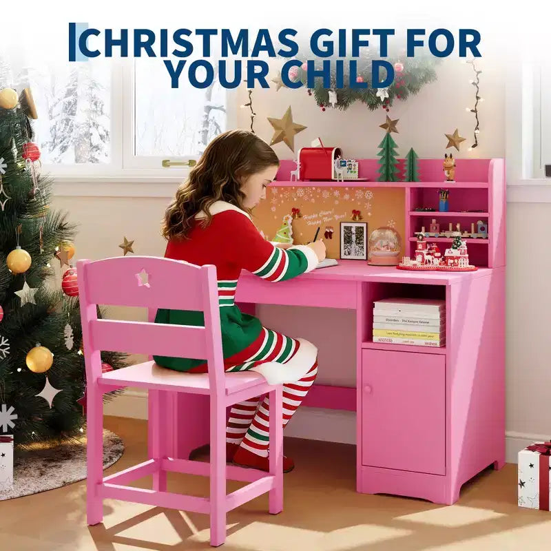 Kids Study Desk and Chair Set with Hutch and Storage Cabinet