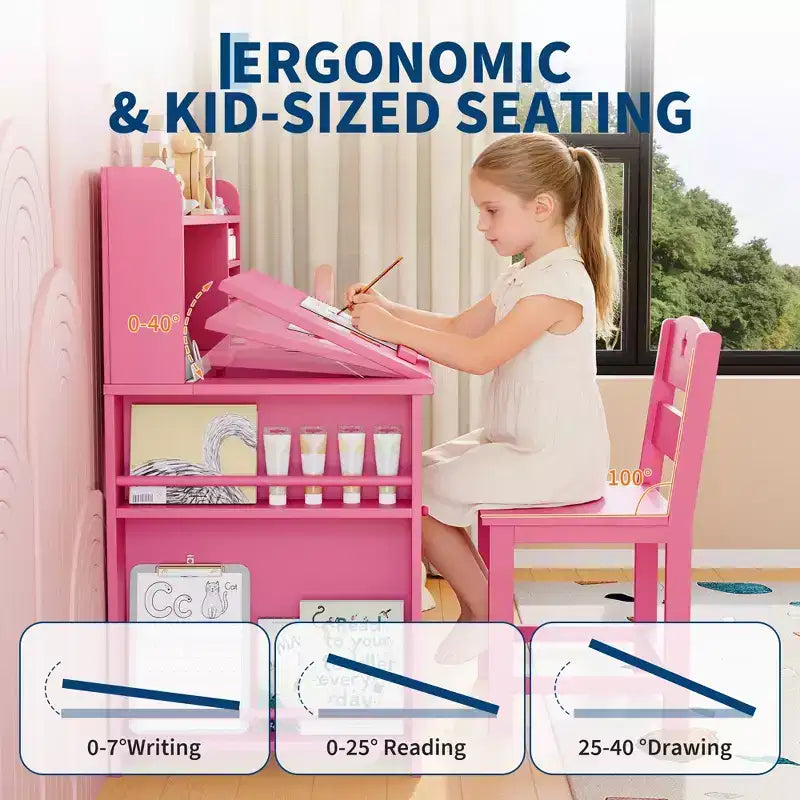 Kids Study Desk and Chair Set with Hutch and Storage Cabinet