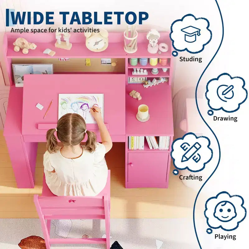Kids Study Desk and Chair Set with Hutch and Storage Cabinet