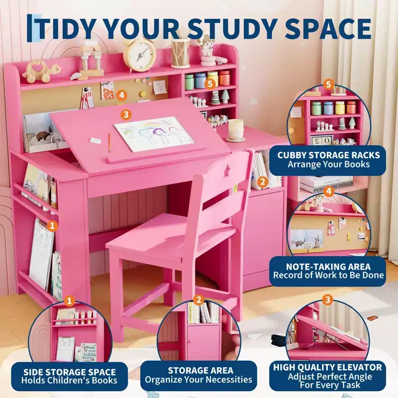 Kids Study Desk and Chair Set with Hutch and Storage Cabinet