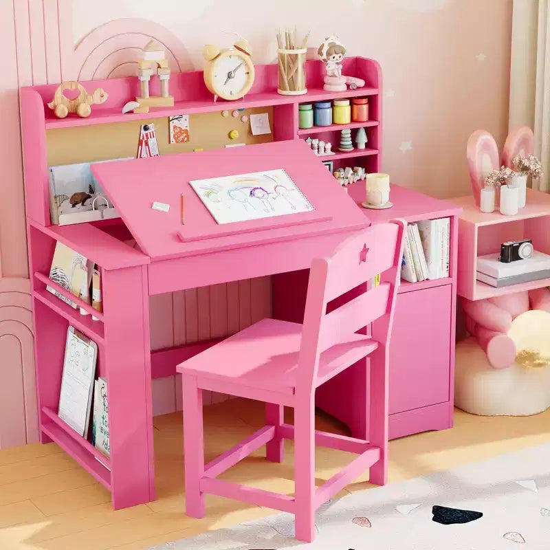 Kids Study Desk and Chair Set with Hutch and Storage Cabinet
