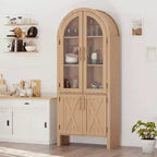 Arched Display Cabinet 60 Kitchen Storage with Adjustable Shelves Glass Doors Modern Wood Pantry for Bathroom Entryway Dining Room