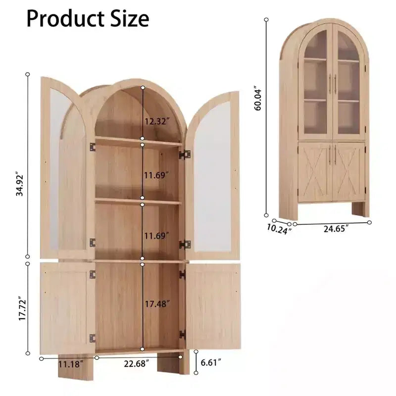 60 Inch Tall Arched Storage Cabinet with Glass Doors and Adjustable Shelves