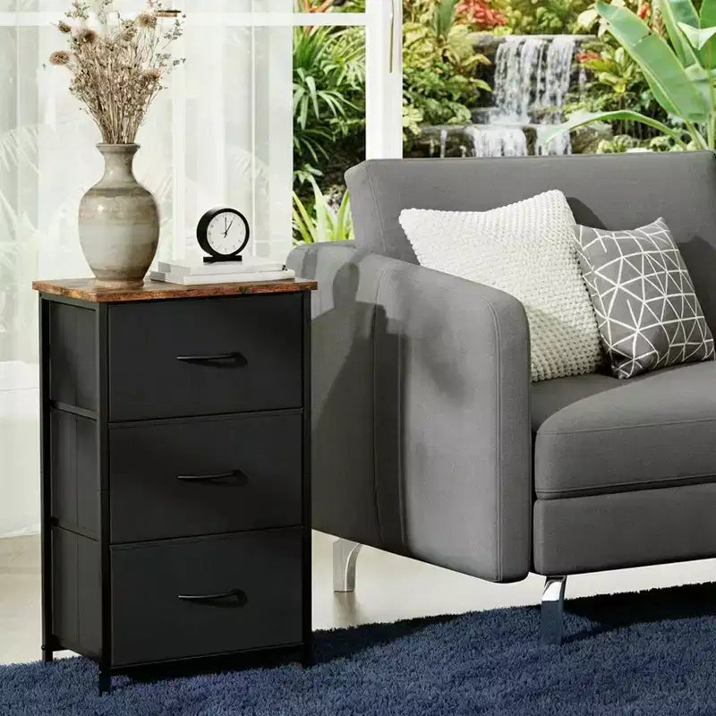 3 Drawer Dresser with Fabric Bins - Compact Wood Grain Storage Organizer for Bedroom, Closet, Entryway