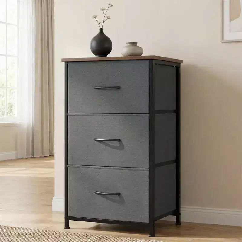 3 Drawer Dresser with Fabric Bins - Compact Wood Grain Storage Organizer for Bedroom, Closet, Entryway