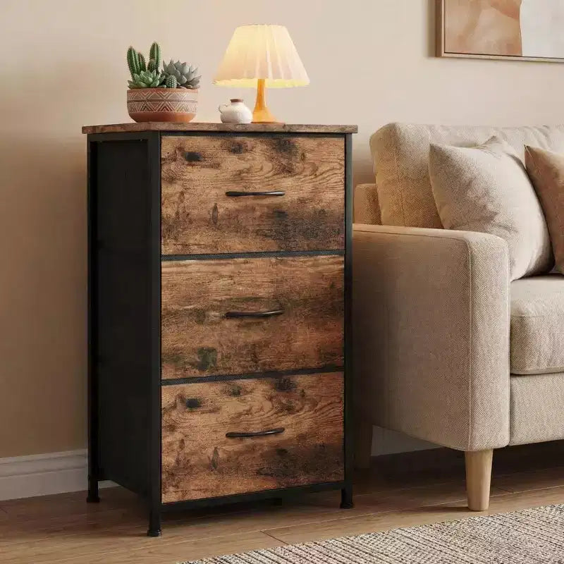 3 Drawer Dresser with Fabric Bins - Compact Wood Grain Storage Organizer for Bedroom, Closet, Entryway