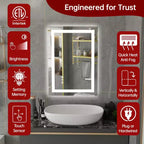 Miroir de salle de bain LED 20x28 pouces avec contrôle tactile dimmable, miroir de courtoisie mural anti-buée certifié ETL