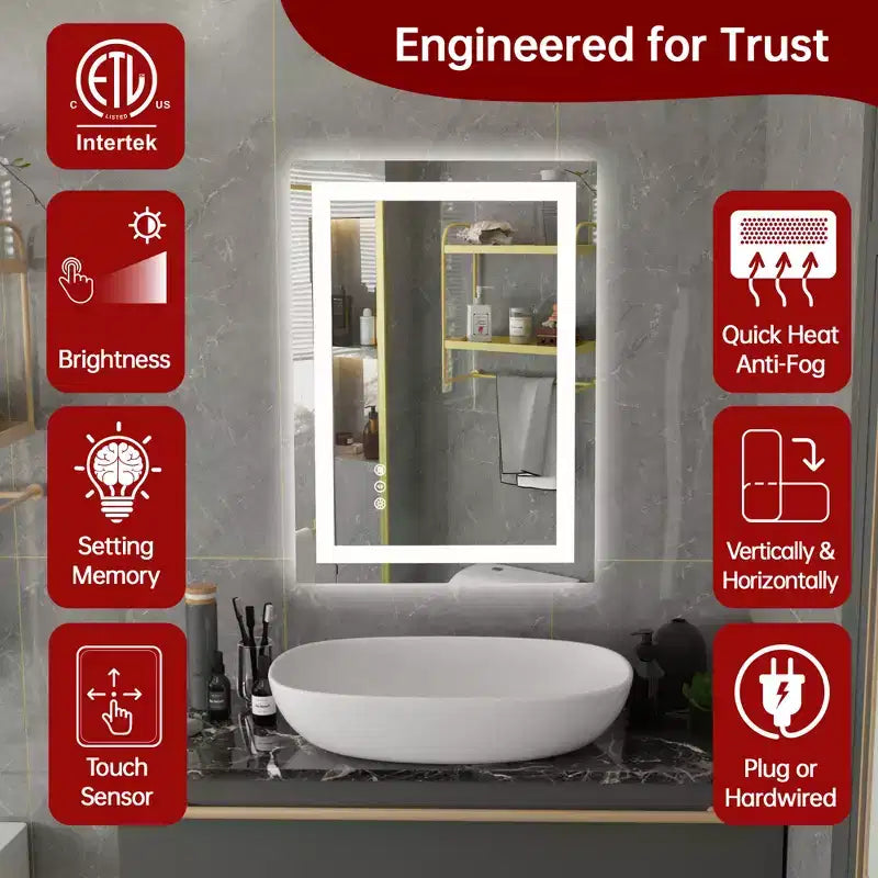 20x28 Inch LED Bathroom Mirror with Dimmable Touch Control, Anti-Fog ETL Listed Wall Vanity Mirror