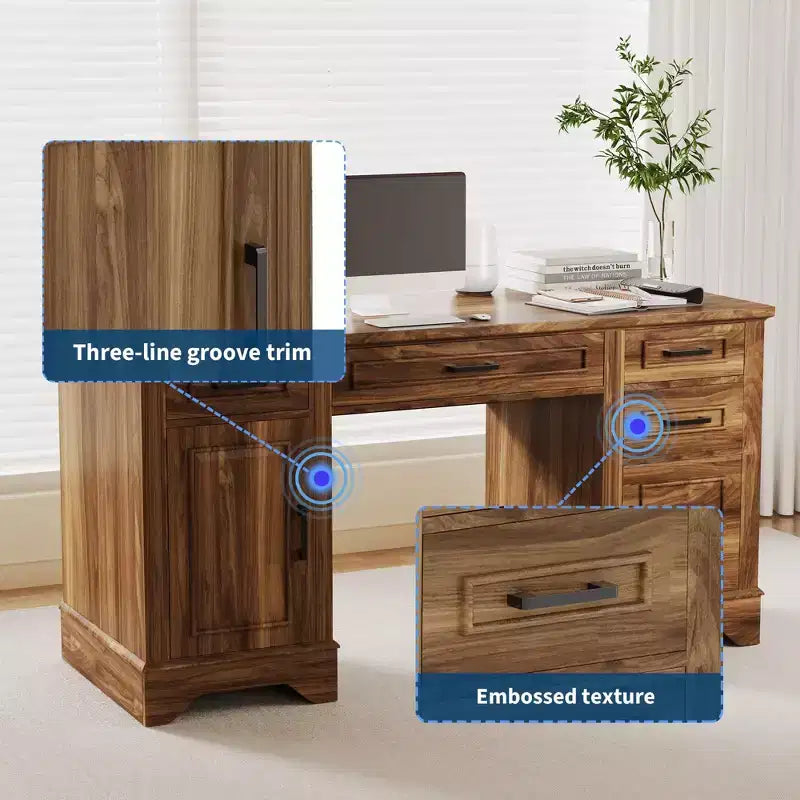 58-Inch Wide Desk with File Cabinet and Storage Drawers