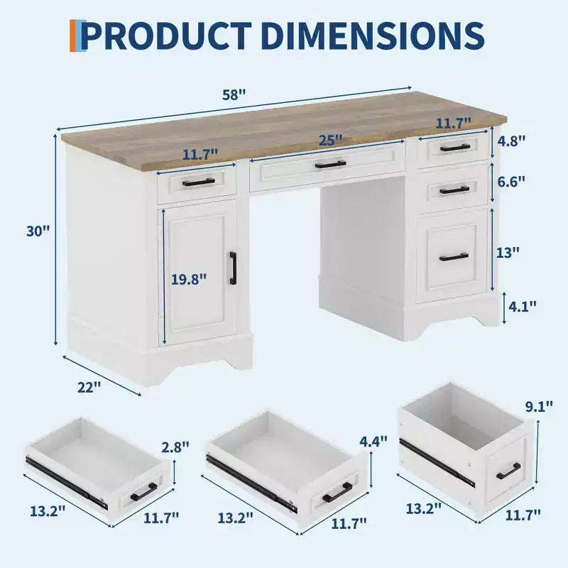 58-Inch Wide Desk with File Cabinet and Storage Drawers