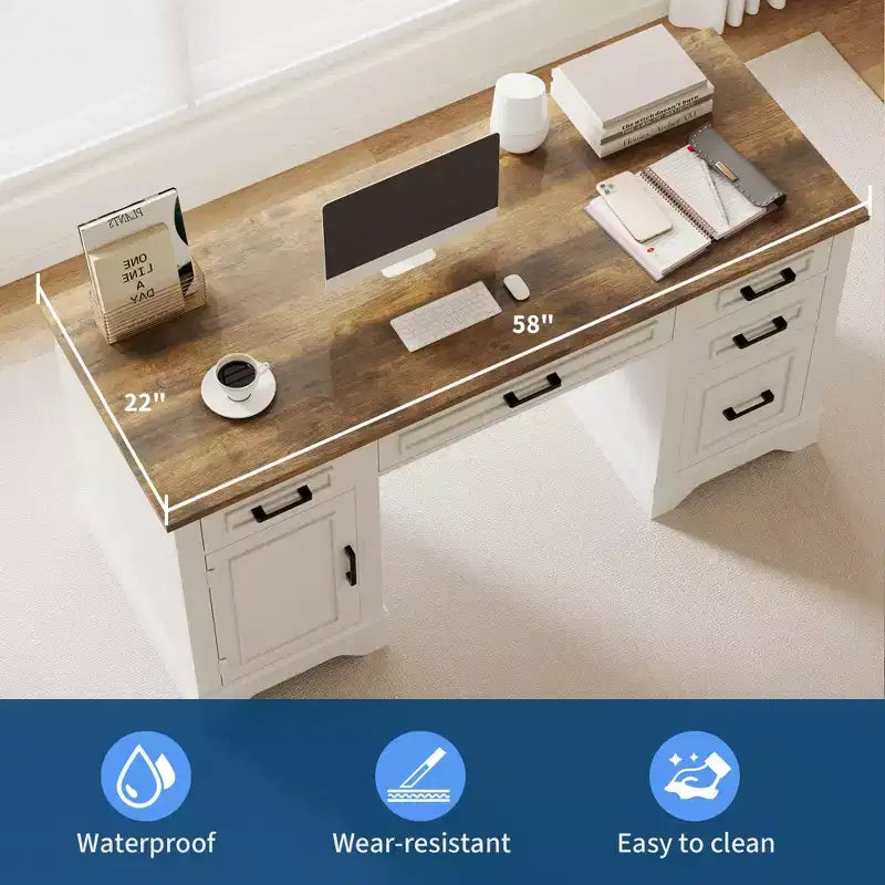 58-Inch Wide Desk with File Cabinet and Storage Drawers