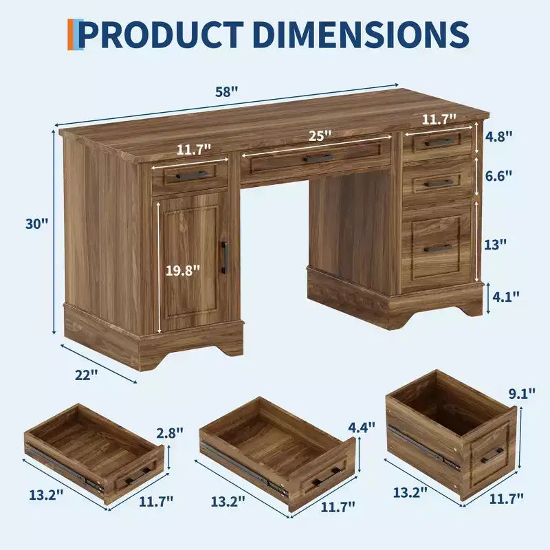58-Inch Wide Desk with File Cabinet and Storage Drawers