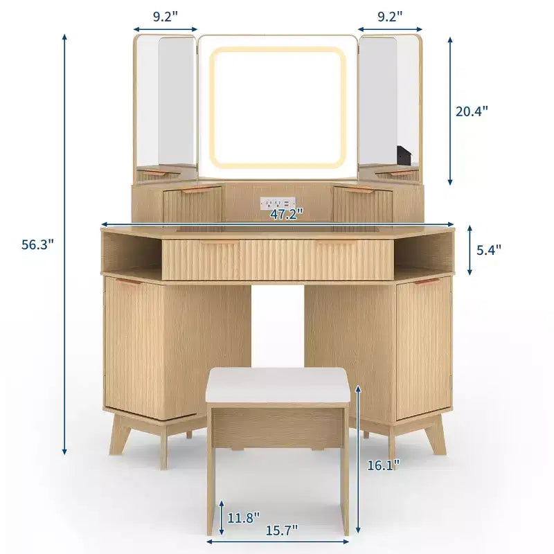 Corner Vanity Desk with Glass Top and Fluted Design