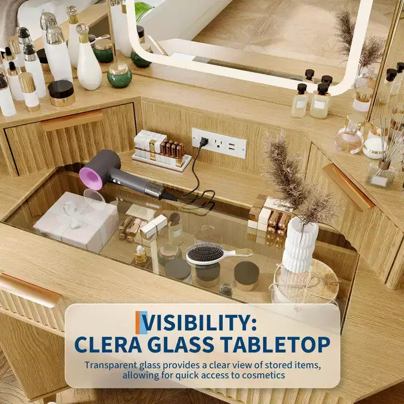 Corner Vanity Desk with Glass Top and Fluted Design