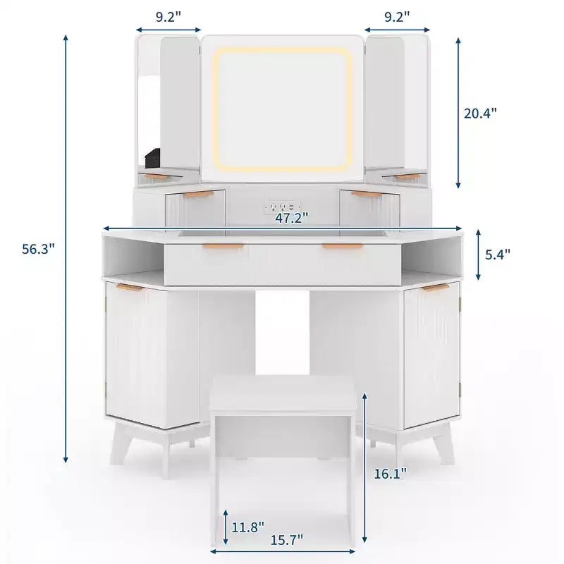 Corner Vanity Desk with Glass Top and Fluted Design