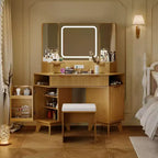 Corner Vanity Desk with Glass Top, Modern Fluted Makeup Table with Mirror & Chair, Space-Saving for Bedroom