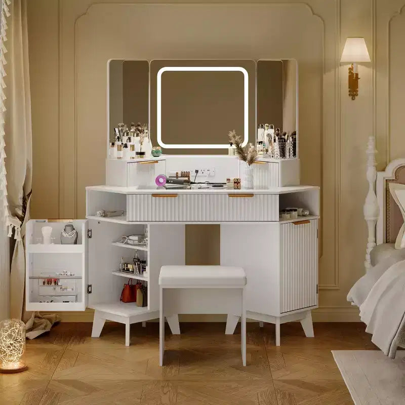 Corner Vanity Desk with Glass Top and Fluted Design