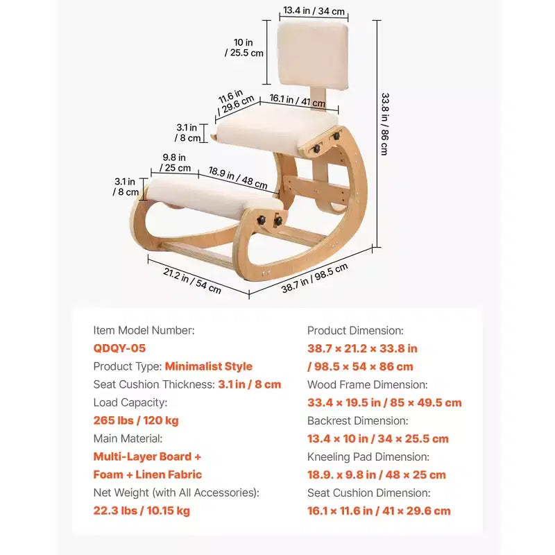 Ergonomic Kneeling Posture Chair with Adjustable Height and Wood Frame