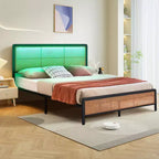 Queen Rattan Bed Frame with LED Light & Storage, Boho Woven Headboard Platform Bed, No Box Spring Needed for Queen Size Mattress