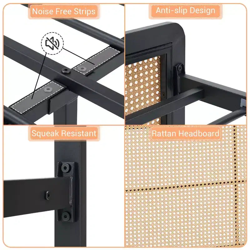 Queen Size Rattan Bed Frame with LED Light Strip and Under-Bed Storage